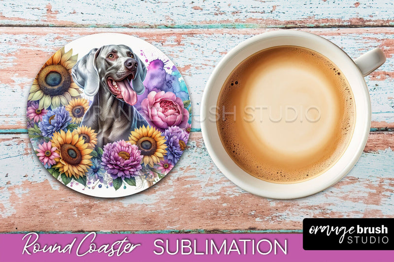 Weimaraner Round Coaster - Dog Mom Floral Coaster Sublimation Sublimation OrangeBrushStudio 