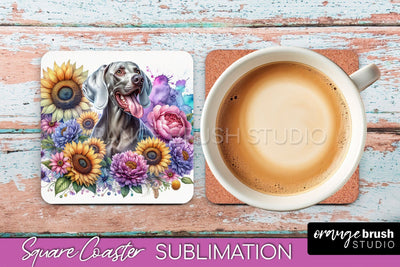 Weimaraner Square Coaster - Dog Mom Floral Coaster Sublimation Sublimation OrangeBrushStudio 