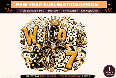Welcome 2027 PNG, Black Gold New Year Sublimation Design, Leopard Print Bow and Glitter Numbers, Checkered Party Shirt Graphic Sublimation BlackCatsMedia 