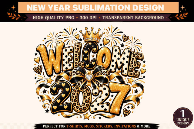 Welcome 2027 PNG, Black Gold New Year Sublimation Design, Leopard Print Bow and Glitter Numbers, Checkered Party Shirt Graphic Sublimation BlackCatsMedia 