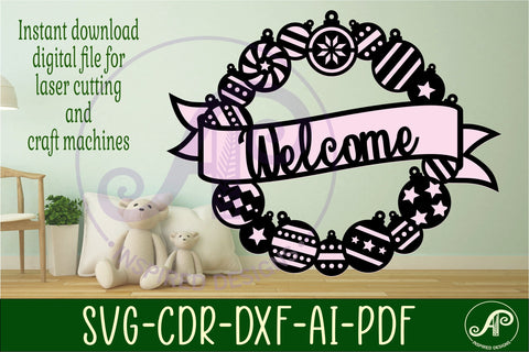 Welcome bauble wreath Christmas wall art sign, SVG file. SVG APInspireddesigns 