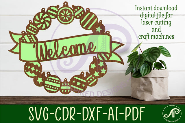 Welcome bauble wreath Christmas wall art sign, SVG file. SVG APInspireddesigns 