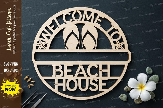 Welcome Beach House Round Frame SVG Laser Cut Design | Coastal Sign Pattern SVG Regulrcrative 