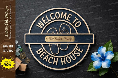 Welcome Beach House SVG Laser Cut Design | Coastal Round Sign Pattern SVG Regulrcrative 