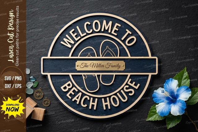 Welcome Beach House SVG Laser Cut Design | Coastal Round Sign Pattern SVG Regulrcrative 