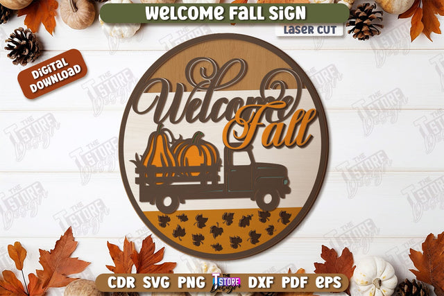 Welcome Fall Sign Laser Cut, Wooden Fall Round Door Hanger SVG, Front Door Welcome Sign, Home Decor, Autumn Sign, Welcome Fall Porch Decor, Farmhouse SVG SVG The T Store Design 