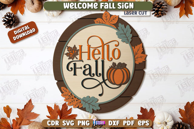 Welcome Fall Sign Laser Cut, Wooden Fall Round Door Hanger SVG, Front Door Welcome Sign, Home Decor, Autumn Sign, Welcome Fall Porch Decor, Farmhouse SVG SVG The T Store Design 