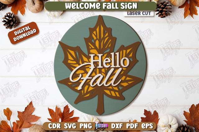 Welcome Fall Sign Laser Cut, Wooden Fall Round Door Hanger SVG, Front Door Welcome Sign, Home Decor, Autumn Sign, Welcome Fall Porch Decor, Farmhouse SVG SVG The T Store Design 