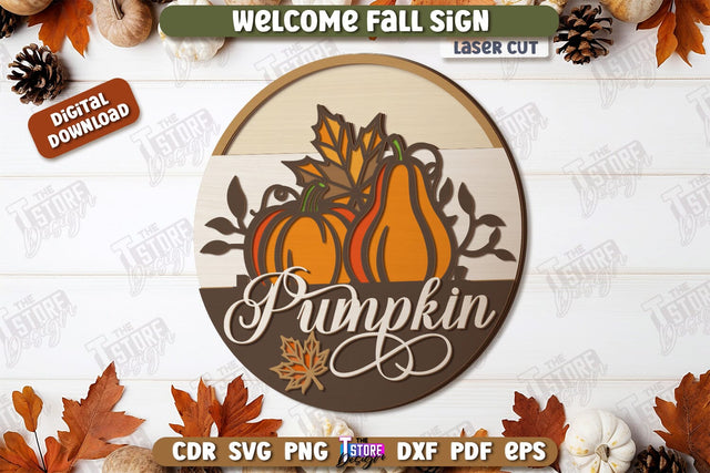 Welcome Fall Sign Laser Cut, Wooden Fall Round Door Hanger SVG, Front Door Welcome Sign, Home Decor, Autumn Sign, Welcome Fall Porch Decor, Farmhouse SVG SVG The T Store Design 