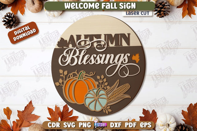 Welcome Fall Sign Laser Cut, Wooden Fall Round Door Hanger SVG, Front Door Welcome Sign, Home Decor, Autumn Sign, Welcome Fall Porch Decor, Farmhouse SVG SVG The T Store Design 