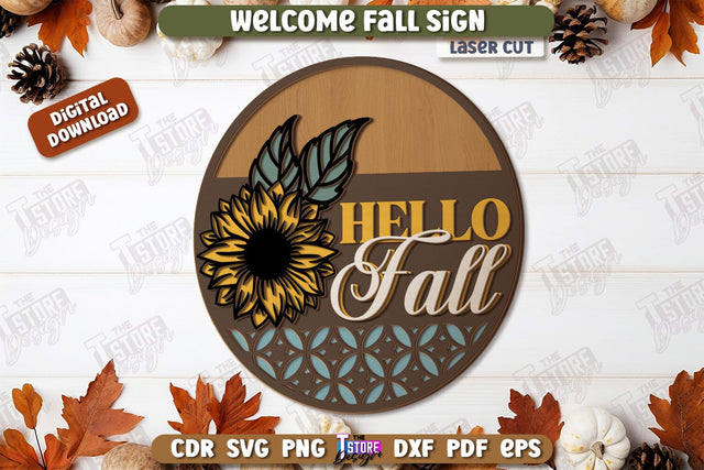 Welcome Fall Sign Laser Cut, Wooden Fall Round Door Hanger SVG, Front Door Welcome Sign, Home Decor, Autumn Sign, Welcome Fall Porch Decor, Farmhouse SVG SVG The T Store Design 