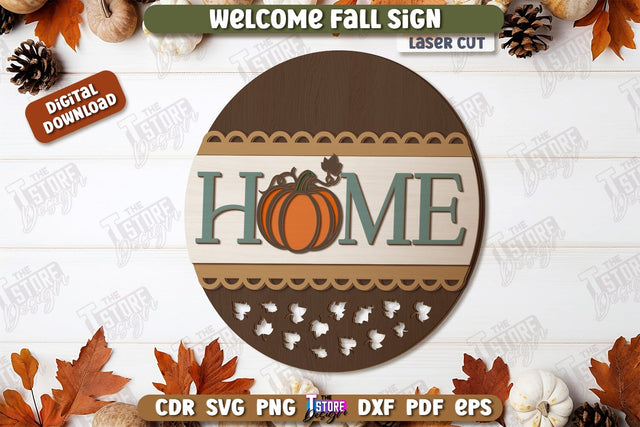 Welcome Fall Sign Laser Cut, Wooden Fall Round Door Hanger SVG, Front Door Welcome Sign, Home Decor, Autumn Sign, Welcome Fall Porch Decor, Farmhouse SVG SVG The T Store Design 
