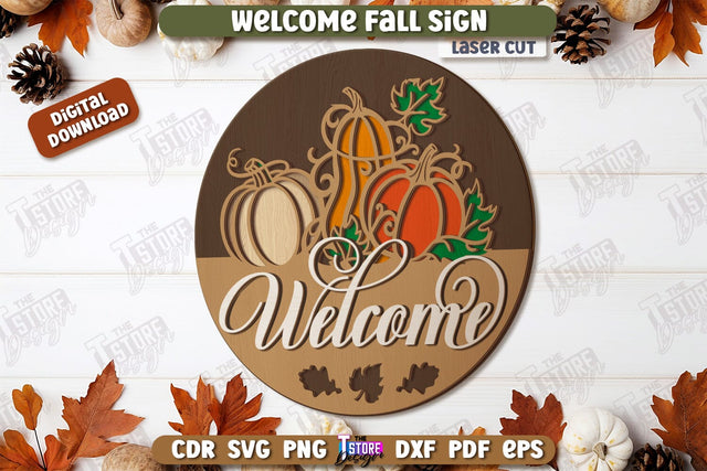 Welcome Fall Sign Laser Cut, Wooden Fall Round Door Hanger SVG, Front Door Welcome Sign, Home Decor, Autumn Sign, Welcome Fall Porch Decor, Farmhouse SVG SVG The T Store Design 