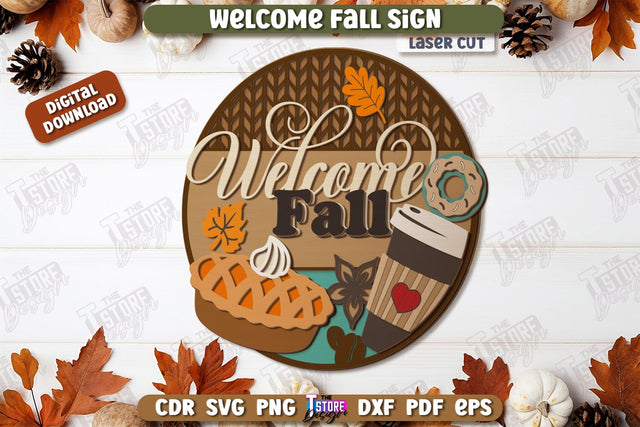Welcome Fall Sign Laser Cut, Wooden Fall Round Door Hanger SVG, Front Door Welcome Sign, Home Decor, Autumn Sign, Welcome Fall Porch Decor, Farmhouse SVG SVG The T Store Design 