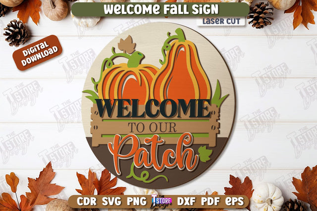 Welcome Fall Sign Laser Cut, Wooden Fall Round Door Hanger SVG, Front Door Welcome Sign, Home Decor, Autumn Sign, Welcome Fall Porch Decor, Farmhouse SVG SVG The T Store Design 