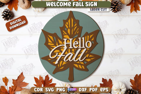 Welcome Fall Signs Laser Cut Bundle, Fall Round Door Hanger SVG, Front Door Welcome Sign, Home Decor, Autumn Signs, Welcome Fall Porch Decor, Farmhouse SVG SVG The T Store Design 