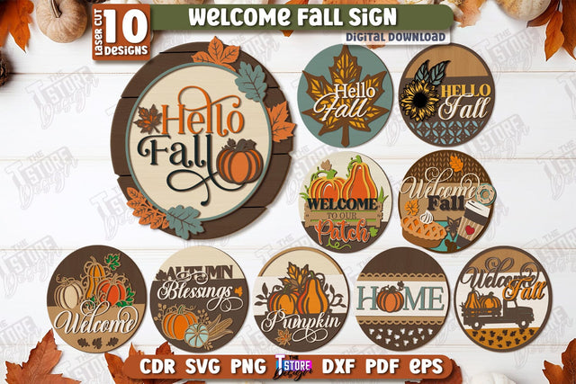 Welcome Fall Signs Laser Cut Bundle, Fall Round Door Hanger SVG, Front Door Welcome Sign, Home Decor, Autumn Signs, Welcome Fall Porch Decor, Farmhouse SVG SVG The T Store Design 