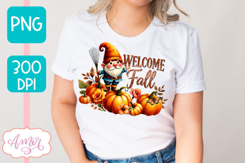 Welcome fall sublimation PNG | cute fall gnome PNG design Sublimation Amorclipart 