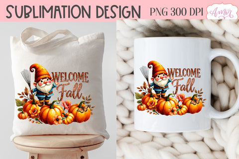 Welcome fall sublimation PNG | cute fall gnome PNG design Sublimation Amorclipart 