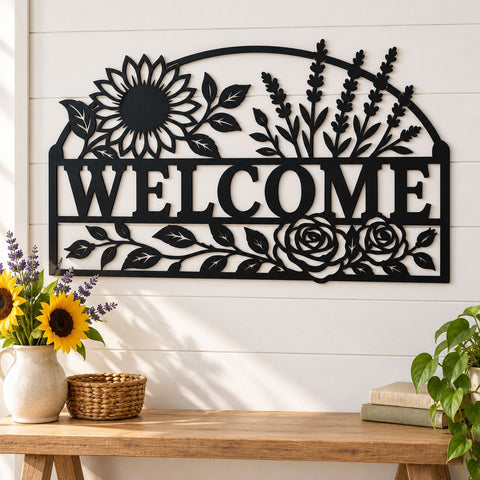 Welcome Floral Sign Laser SVG | Sunflower Welcome DXF | Floral Door Sign Svg | CNC Plasma Cut File | Metal Wall Decor SVG HappyDesignStudio 