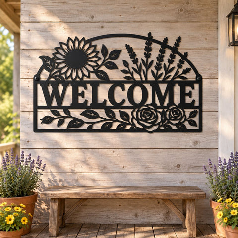 Welcome Floral Sign Laser SVG | Sunflower Welcome DXF | Floral Door Sign Svg | CNC Plasma Cut File | Metal Wall Decor SVG HappyDesignStudio 