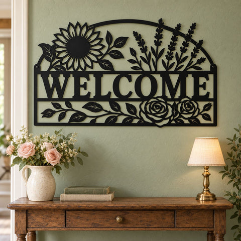 Welcome Floral Sign Laser SVG | Sunflower Welcome DXF | Floral Door Sign Svg | CNC Plasma Cut File | Metal Wall Decor SVG HappyDesignStudio 