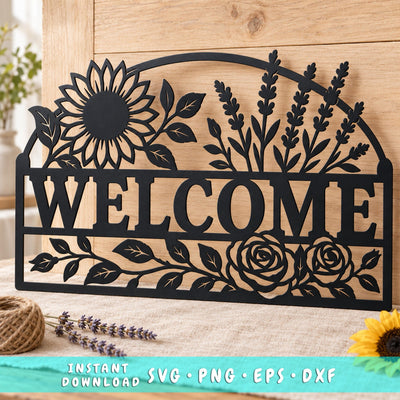 Welcome Floral Sign Laser SVG | Sunflower Welcome DXF | Floral Door Sign Svg | CNC Plasma Cut File | Metal Wall Decor SVG HappyDesignStudio 