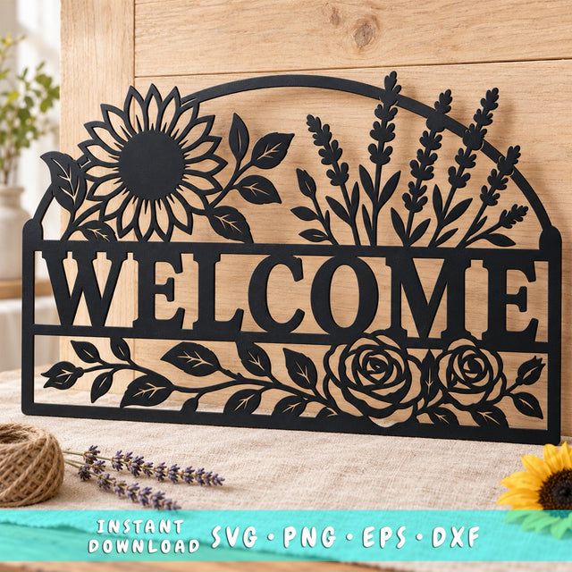 Welcome Floral Sign Laser SVG | Sunflower Welcome DXF | Floral Door Sign Svg | CNC Plasma Cut File | Metal Wall Decor SVG HappyDesignStudio 