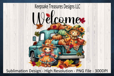 Welcome Scarecrow Teal Farm Truck, Doormat Design, Sublimation Png, Digital Download, Printable Png Sublimation Keepsake Treasures Designs LLC. 