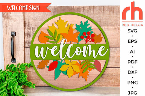 Welcome Sign SVG, Leaves Door Sign DXF, Fall Hanger Cut File SVG RedHelgaArt 