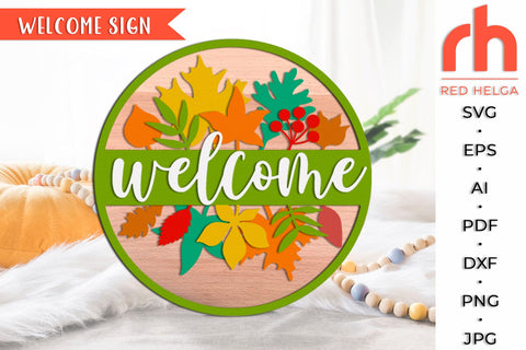 Welcome Sign SVG, Leaves Door Sign DXF, Fall Hanger Cut File SVG RedHelgaArt 
