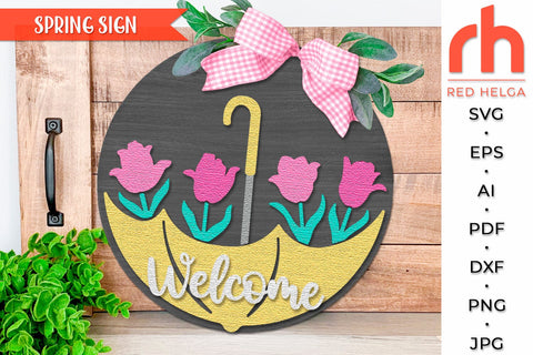 Welcome Sign SVG, Tulips Door Hanger DXF, Spring Round Sign Cut File SVG RedHelgaArt 