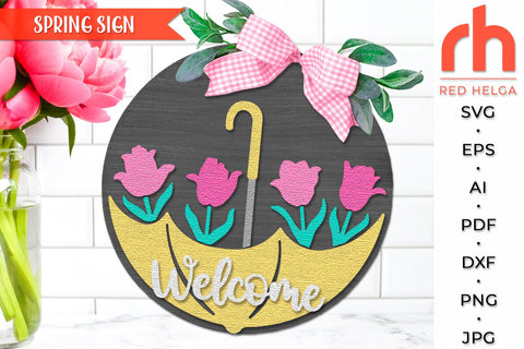 Welcome Sign SVG, Tulips Door Hanger DXF, Spring Round Sign Cut File SVG RedHelgaArt 