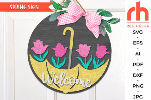 Welcome Sign SVG, Tulips Door Hanger DXF, Spring Round Sign Cut File SVG RedHelgaArt 