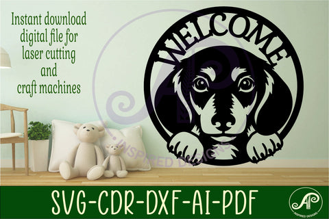 Welcome sign with dachshund dog wall art sign, SVG file. vec SVG APInspireddesigns 