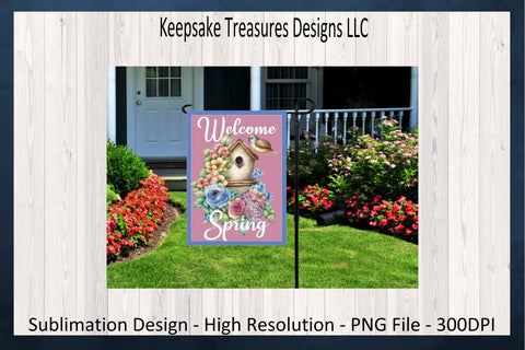 Welcome Spring Birdhouse Garden Flag, Sublimation Printable Template, Birdhouse Yard Flag, Digital Download, PNG Printable Sublimation Keepsake Treasures Designs LLC. 