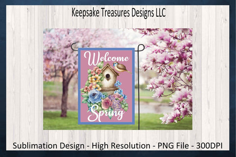 Welcome Spring Birdhouse Garden Flag, Sublimation Printable Template, Birdhouse Yard Flag, Digital Download, PNG Printable Sublimation Keepsake Treasures Designs LLC. 