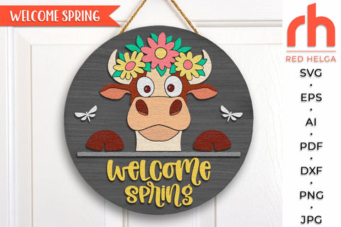 Welcome Spring SVG, Layered Door Sign DXF, Cow in a Wreath Cut File SVG RedHelgaArt 