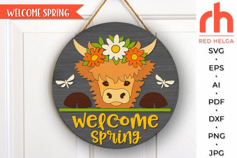 Welcome Spring SVG, Layered Door Sign DXF, Cow in a Wreath SVG RedHelgaArt 