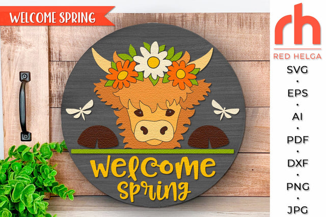 Welcome Spring SVG, Layered Door Sign DXF, Cow in a Wreath SVG RedHelgaArt 
