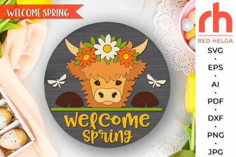 Welcome Spring SVG, Layered Door Sign DXF, Cow in a Wreath SVG RedHelgaArt 