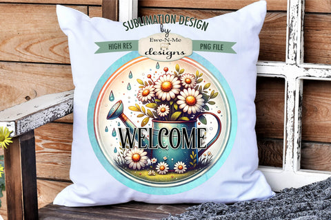 Welcome Spring Watering Can Sublimation Design | Round PNG Sublimation Ewe-N-Me Designs 