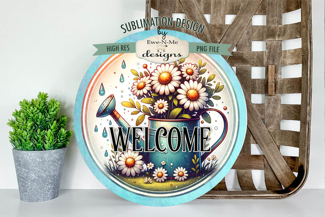Welcome Spring Watering Can Sublimation Design | Round PNG Sublimation Ewe-N-Me Designs 
