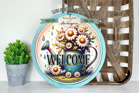 Welcome Spring Watering Can Sublimation Design | Round PNG Sublimation Ewe-N-Me Designs 