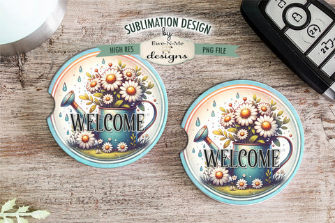 Welcome Spring Watering Can Sublimation Design | Round PNG Sublimation Ewe-N-Me Designs 