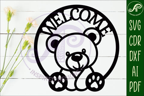 Welcome Teddy bear wall sign svg laser cut file SVG APInspireddesigns 