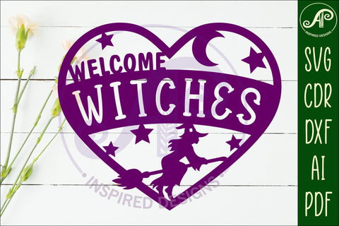 Welcome witches Halloween heart laser cut wall sign SVG APInspireddesigns 