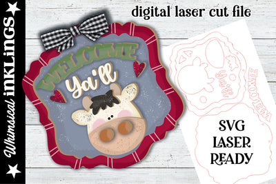 Welcome Y'all Cow Sign SVG Whimsical Inklings 