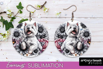 West Highland White Terrier Earrings - Dog Mom Floral Round Earring Sublimation Sublimation OrangeBrushStudio 