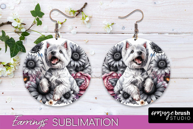 West Highland White Terrier Earrings - Dog Mom Floral Round Earring Sublimation Sublimation OrangeBrushStudio 
